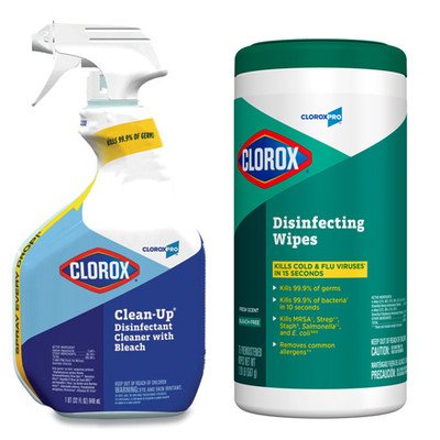 Case of 9  - Clorox Clean-Up Disinfectant Cleaner with Bleach, 32oz Smart Tube Spray, and Case of 6 - Clorox Commercial Disinfecting Wipes, 7 x 8, Fresh Scent, 75/Canister - Part Number: KIT-CLOROX-13