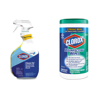 Clorox Clean-Up Disinfectant Cleaner with Bleach, 32oz Smart Tube Spray, and 1 Canister of Clorox Commercial Disinfecting Wipes, 7 x 8, Fresh Scent, 75 Sheets - Part Number: KIT-CLOROX-6