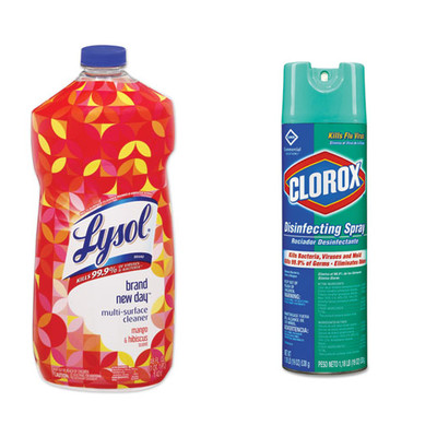 Case of 6 - Lysol Brand New Day Multi-Surface Cleaner, Mango and Hibiscus Scent, 48 oz Bottle, and  Case of 12 - Clorox Disinfecting Spray, Fresh, 19oz Aerosol - Part Number: KIT-CLOROX-9