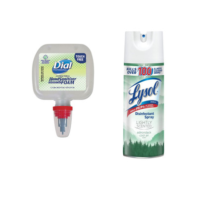 Dial Duo Touch-Free Foaming Hand Sanitizer Refill, 1.2 L, Fragrance-Free, and Lysol Lightly Scented Disinfectant Spray, Adirondack Cool Air, 19 oz - Part Number: KIT-LYSOL-18