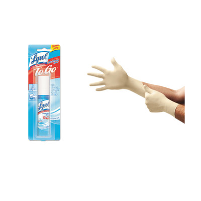 Ansell TouchNTuff Disposable Latex Gloves, 5 mil, Natural, Small, 6.5 - 7, Powder-Free, 100/Box, and Lysol Disinfectant Spray To Go, Crisp Linen, 1oz Aerosol - Part Number: KIT-LYSOL-19