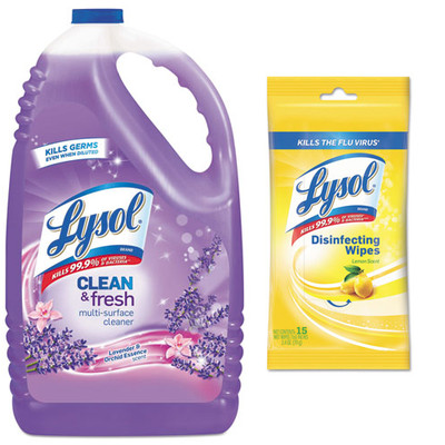 Lysol Clean and Fresh Multi-Surface Cleaner & Disinfectant, Lavender & Orchid Essence, 144 oz Bottle, and Case of 24 - Lysol Disinfecting Wipes, 7 x 8, Lemon, 15 Wipes/Pack - Part Number: KIT-LYSOL-38