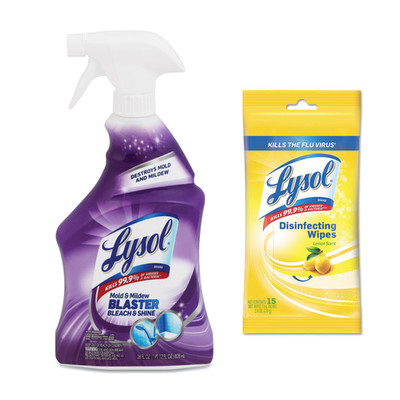 Case of 9 - Lysol Mold and Mildew Remover with Bleach, 28 oz Trigger Spray Bottle, and Case of 24 - Lysol Disinfecting Wipes, 7 x 8, Lemon, 15 Wipes/Pack - Part Number: KIT-LYSOL-40