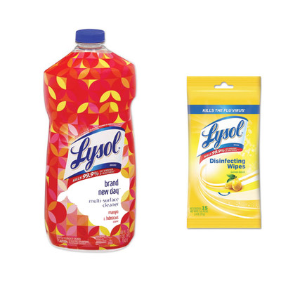 Case of 6 - Lysol Brand New Day Multi-Surface Cleaner, Mango and Hibiscus Scent, 48 oz Bottle, and Case of 24 - Lysol Disinfecting Wipes, 7 x 8, Lemon, 15 Wipes/Pack - Part Number: KIT-LYSOL-42