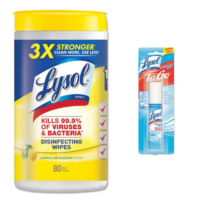 Lysol Disinfecting Wipes, 7 x 8, Lemon and Lime Blossom, 80 Wipes/Canister, and Lysol Disinfectant Spray To Go, Crisp Linen, 1oz Aerosol - Part Number: KIT-LYSOL-55