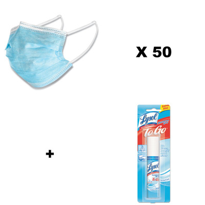 GN1 Face Mask, Blue, 50 Box, and Lysol Disinfectant Spray To Go, Crisp Linen, 1oz Aerosol - Part Number: KIT-LYSOL-57