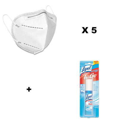 KN95 Face Mask, 5 / bag, and Lysol Disinfectant Spray To Go, Crisp Linen, 1oz Aerosol - Part Number: KIT-LYSOL-58