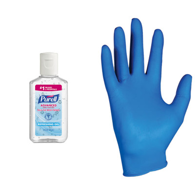Disinfecting kit - Purell Advanced Hand Sanitizer Refreshing Gel, Clean Scent, 1 oz Bottle & Kimberly-Clark KleenGuard G10 Nitrile Gloves, Arctic Blue, Small, 200/Box - Part Number: KIT-PURELL-02