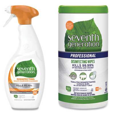 Case of 8 - Seventh Generation Botanical Disinfecting Multi-Surface Cleaner, 26 oz Spray Bottle, and Case of 6 - Seventh Generation Professional Disinfecting Multi-Surface Wipes, 8 x 7, Lemongrass Citrus, 70/Canister - Part Number: KIT-SEVGEN-1