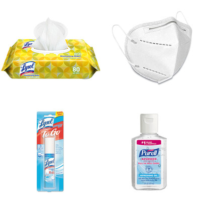 KN95 Face Mask, 5 / bag + Lysol Disinfecting Wipes, 7 x 8, Lemon, 80 Wipes/Pack + Purell Advanced Hand Sanitizer Refreshing Gel, Clean Scent, 2 oz, Squeeze Bottle + Lysol Disinfectant Spray To Go, Crisp Linen, 1oz Aerosol - Part Number: KIT-TRAVEL-1