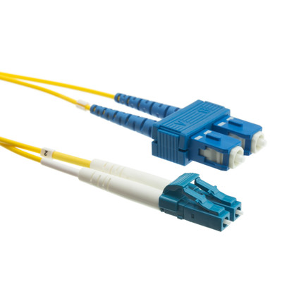 LC/UPC to SC/UPC OS2 Duplex 2.0mm Fiber Optic Patch Cord, OFNR, Singlemode 9/125, Yellow Jacket, Blue Connector, 3 meter (10 ft) - Part Number: LCSC-01203