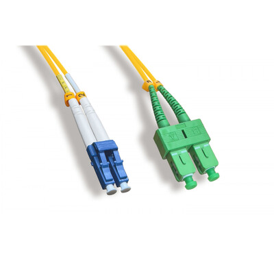 LC/UPC to SC/APC OS2 Duplex 2.0mm Fiber Optic Patch Cord, OFNR, Singlemode 9/125, Yellow Jacket, Blue LC + Green SC Connector, 5 meter (16.5 ft) - Part Number: LCSC-01305