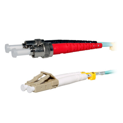 LC/UPC to ST/UPC OM3 Duplex 2.0mm Fiber Optic Patch Cord, OFNR, Multimode 50/125, Aqua Jacket, Beige LC Connector, Red/Black Boot ST, 10 meter (33 ft) - Part Number: LCST-31010