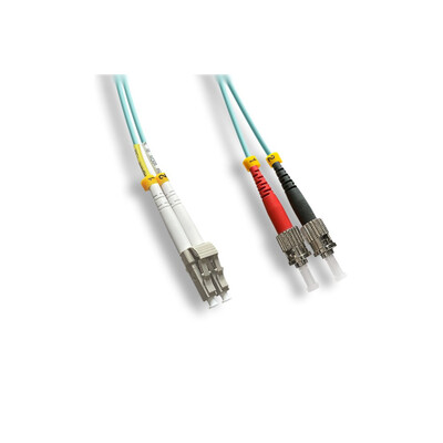 LC/UPC to ST/UPC OM4 Duplex 2.0mm Fiber Optic Patch Cord, OFNR, Multimode 50/125 10Gbit, Aqua Jacket, 3 meter (10 foot) - Part Number: LCST-41003