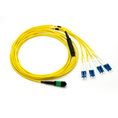 Plenum Fiber Optic Cable, 40 Gigabit Ethernet QSFP 40GBase-SR4 to MTP(MPO)/LC (4 Duplex LC) 24 inch Breakout Cable, OS2 9/125 Singlemode, 3 meter - Part Number: MPLC-21003