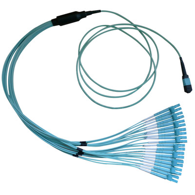 Plenum Fiber Optic Cable, 100 Gigabit Ethernet CFP/CXP 100GBase-SR10 to MTP(MPO)/LC (10 Duplex LC) 24 inch Breakout Cable, OM3, 50/125, 5 meter - Part Number: MPLC-32005
