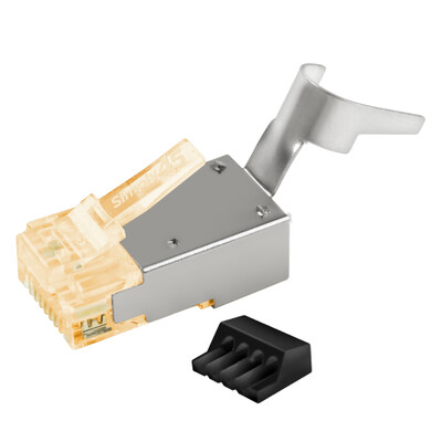 Simply45 Shielded Cat6a RJ45 Crimp Connectors, external ground, Solid/Stranded 23AWG, Orange Tint, Hi/Lo Stagger, Bar45™, Jar 50 pieces - Part Number: S45-1155
