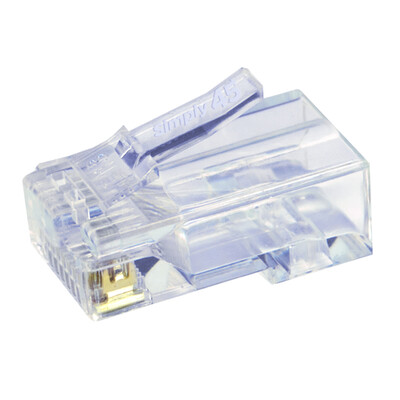 Simply45 Cat5e Pass Through RJ45 Crimp Connectors, Solid 24AWG/Stranded 28-26AWG, Blue Tint, Clamshell 50 pieces - Part Number: S45-1501
