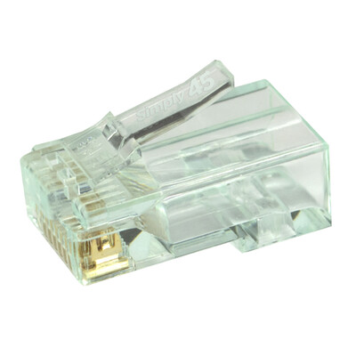 Simply45 Cat6 Pass Through RJ45 Crimp Connectors, Solid 23AWG/Stranded 26-24AWG, Green Tint, Clamshell 50 pieces - Part Number: S45-1601