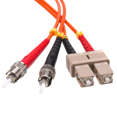 SC/UPC to ST/UPC OM2 Duplex 2.0mm Fiber Optic Patch Cord, OFNR, Multimode 50/125, Orange Jacket, Beige SC Connector, Red/Black Boot, 1 meter (3.3 ft) - Part Number: SCST-11001